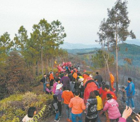 鸡公狮、人龙跟随在背带龙后面,游过各个山头,走回祠堂。