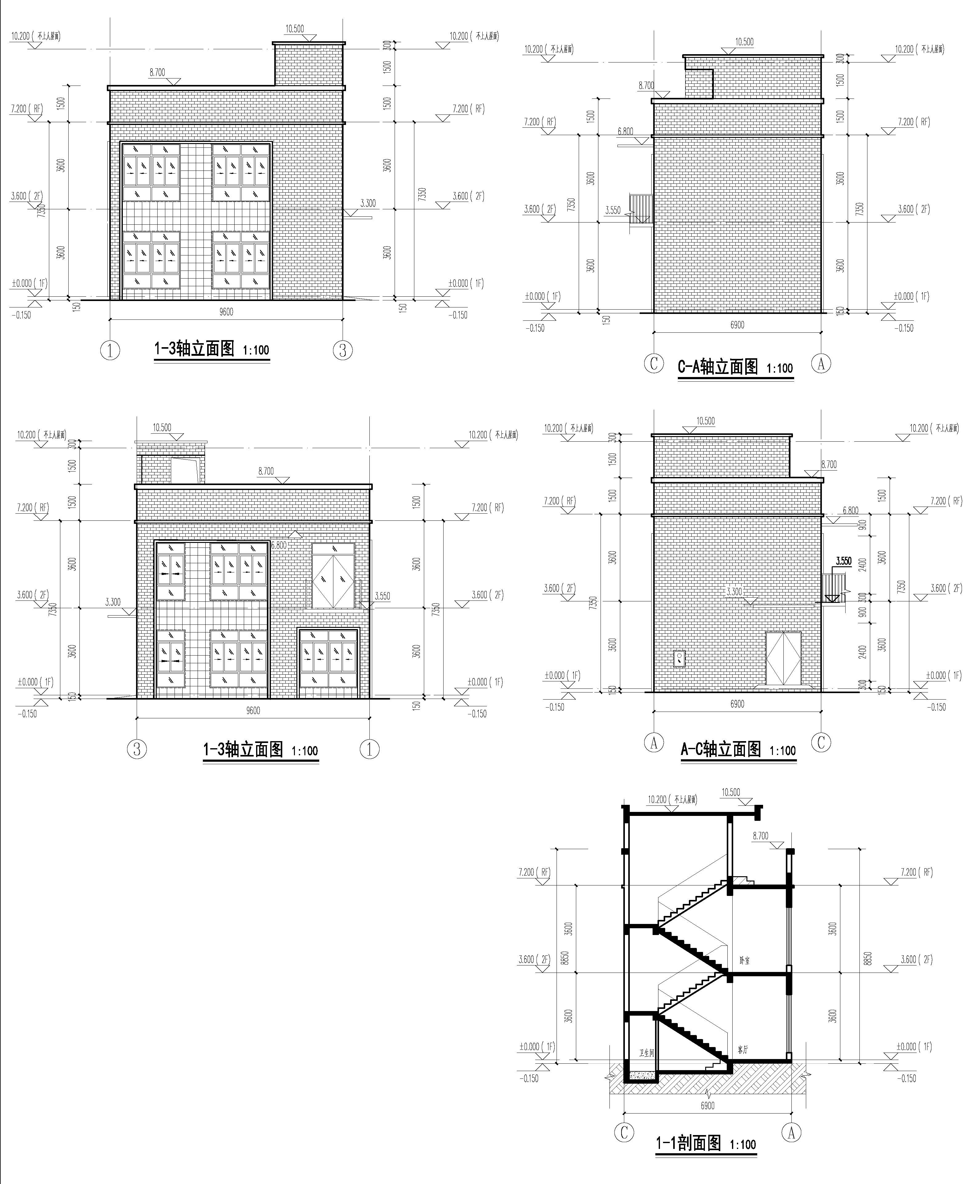 1-3轴立面图  3-1轴立面图C-A轴立面图  A-C轴立面图  1-1剖面图.jpg